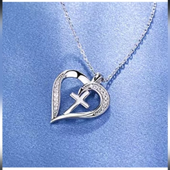 Sterling Silver Cubic Zirconia Heart Cross Pendent Necklace - Picture 3 of 4